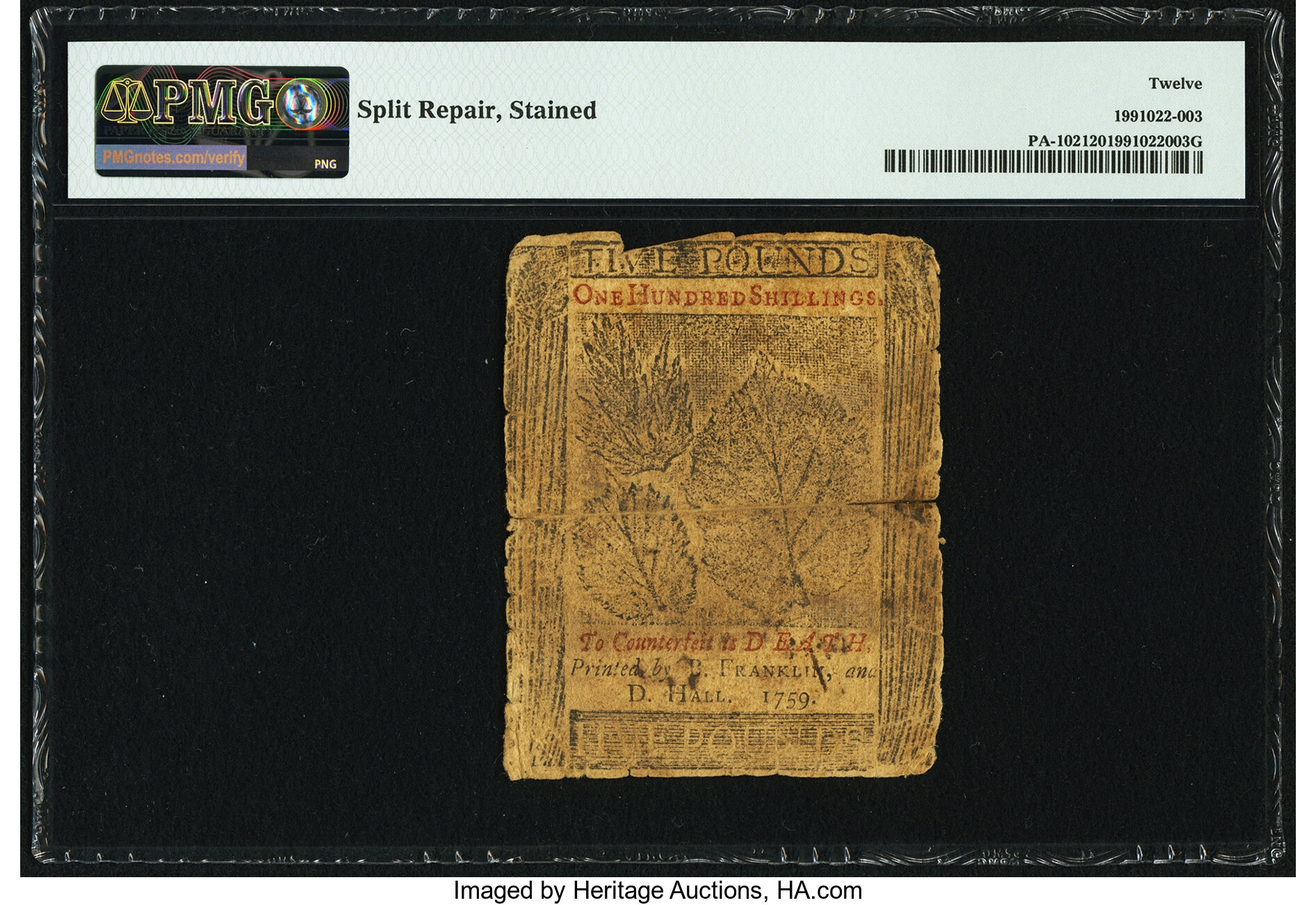 image for: Pennsylvania April 25, 1759 £5 PMG Fine 12....