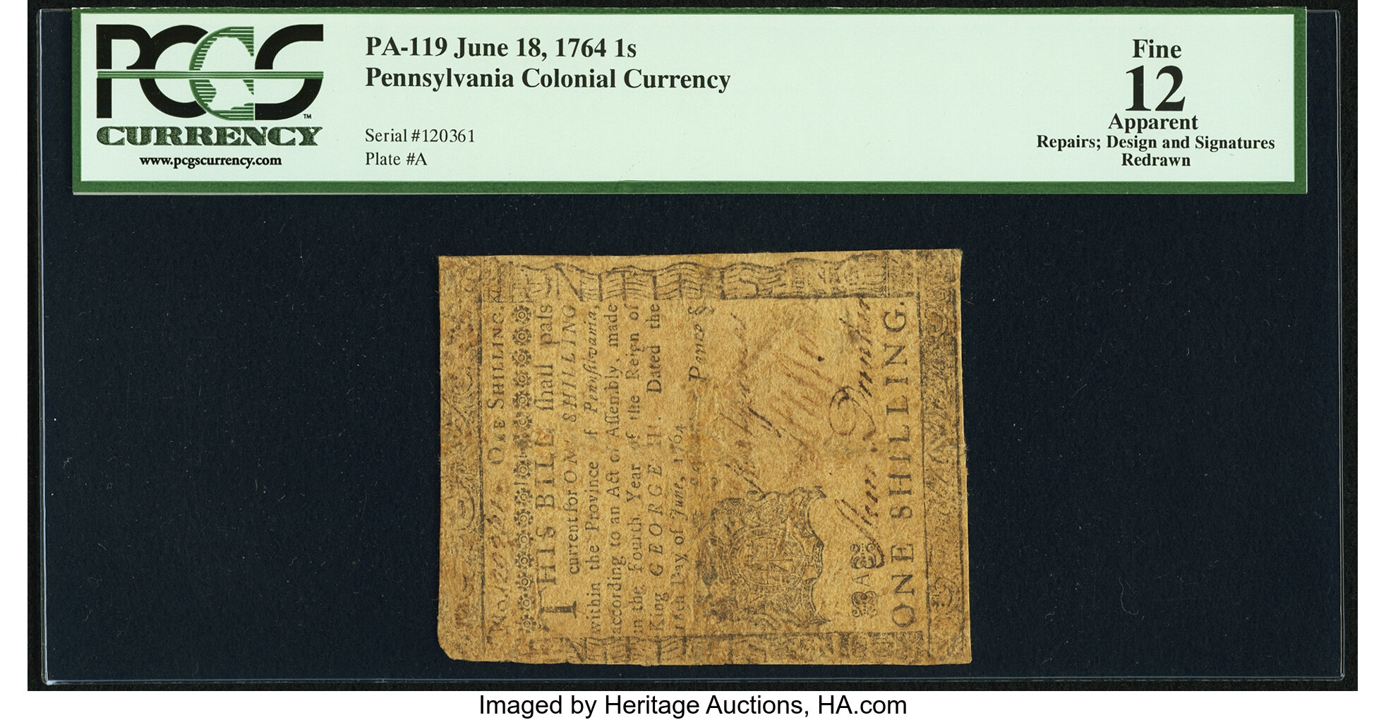 image for: Pennsylvania June 18, 1764 1s PCGS Apparent Fine 12....