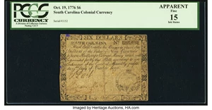 image for: South Carolina October 19, 1776 $6 PCGS Apparent Fine 15....