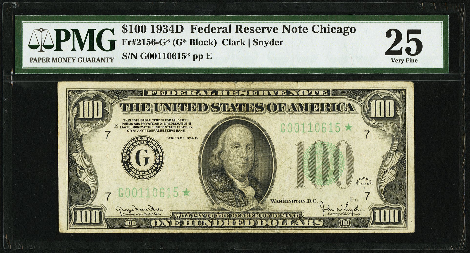 image for: Fr. 2156-G* $100 1934D Federal Reserve Note. PMG Very Fine 25....