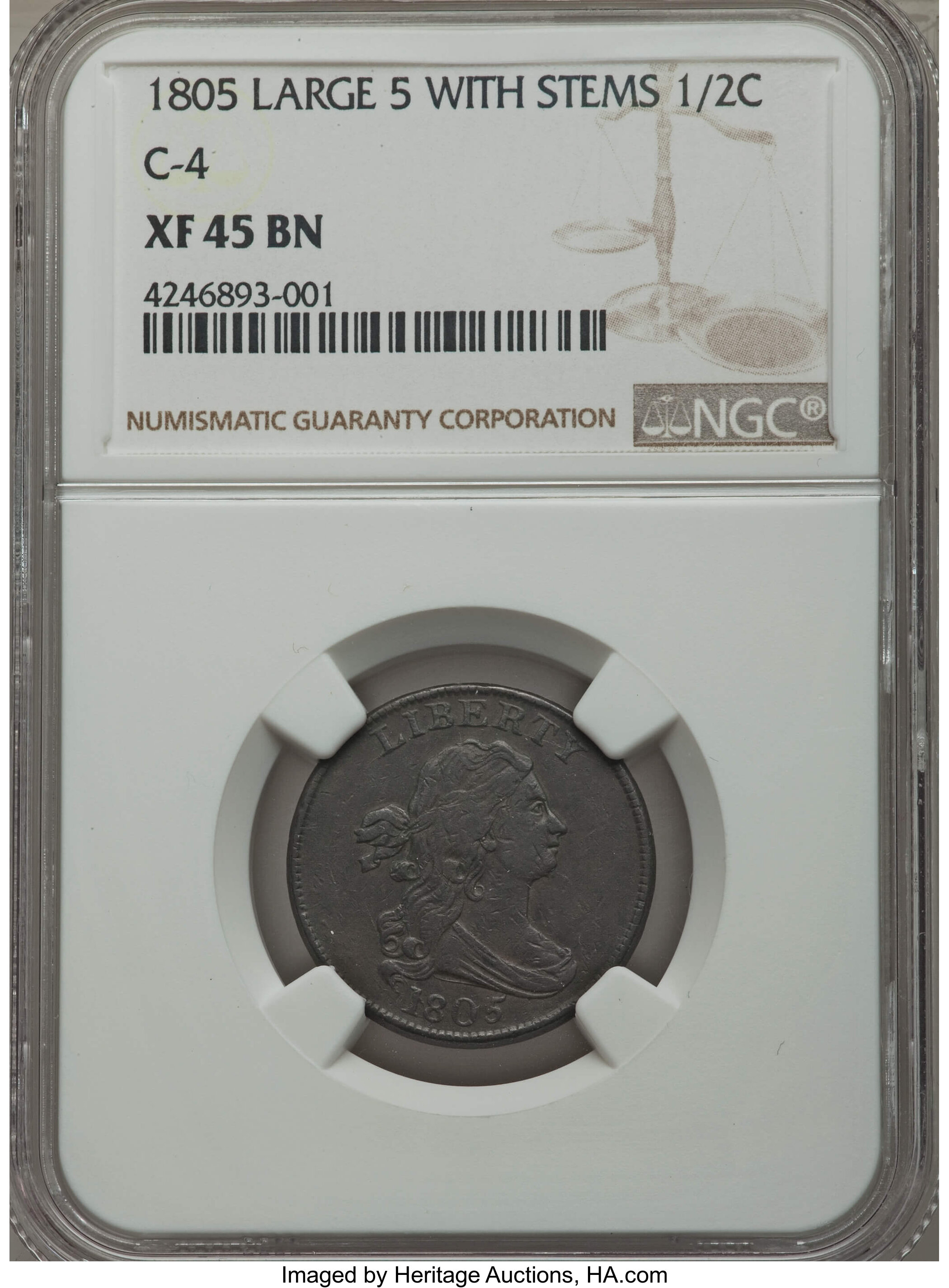 1805 1/2 C Large 5, Stems, C-4, B-4, R.2, XF45 NGC. NGC Census: (0/0). PCGS Population (0/0). ...