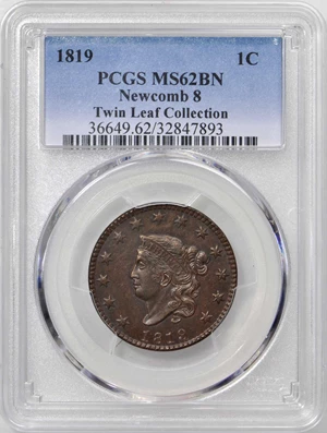 image for: 1819 Matron Head Cent. N-8. Small Date. Rarity-1. Noyes Die State-A/A. MS-62BN (PCGS).