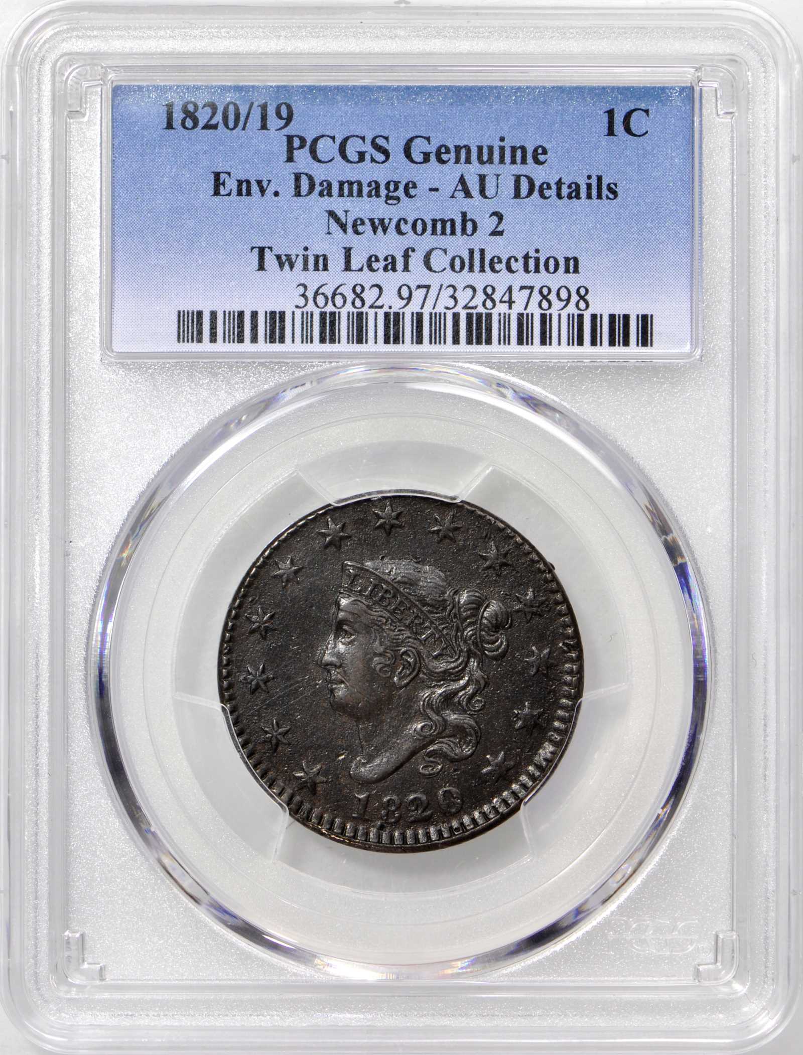 image for: 1820/19 Matron Head Cent. N-2. Double Profile. Rarity-2. Noyes Die State-A/A. AU Details—Environmental Damage (PCGS).