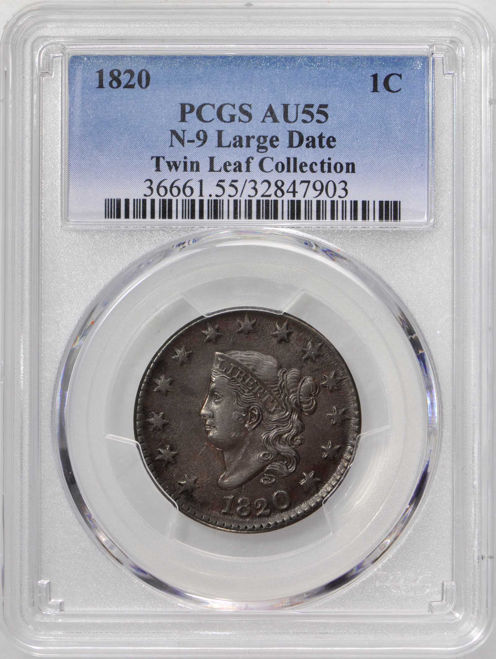 image for: 1820 Matron Head Cent. N-9. Large Date. Rarity-3. Noyes Die State-B/C. AU-55 (PCGS).