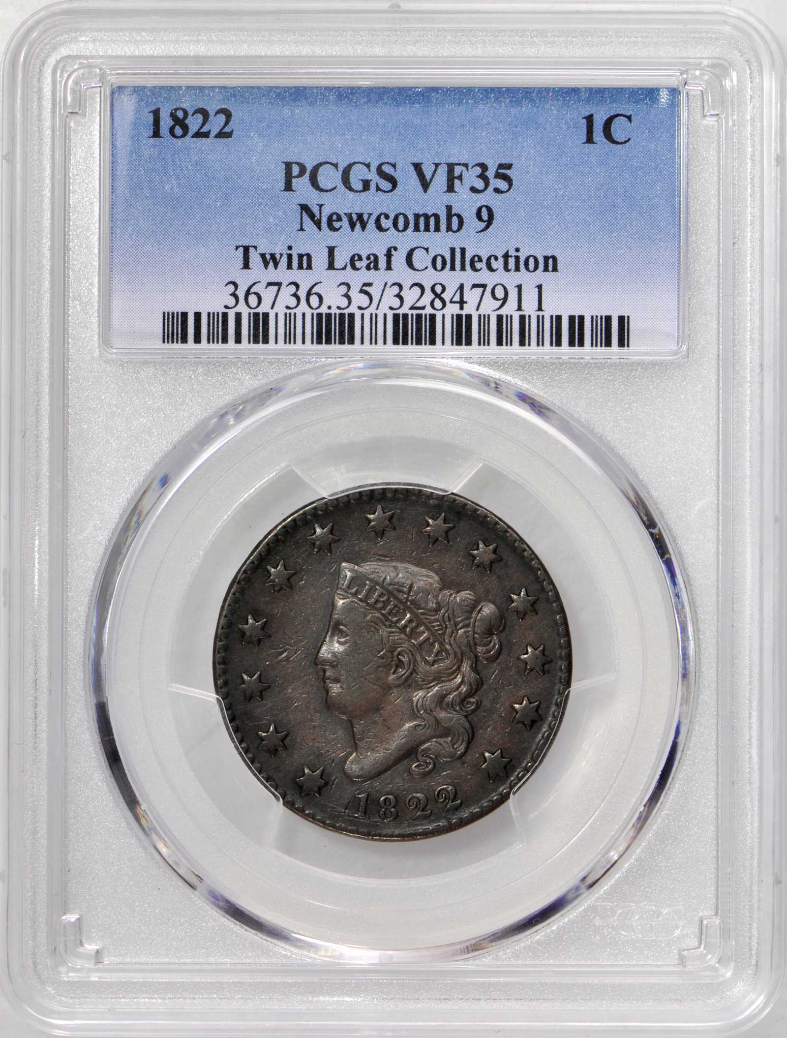 image for: 1822 Matron Head Cent. N-9. Rarity-5-. Noyes Die State-B/F. VF-35 (PCGS).
