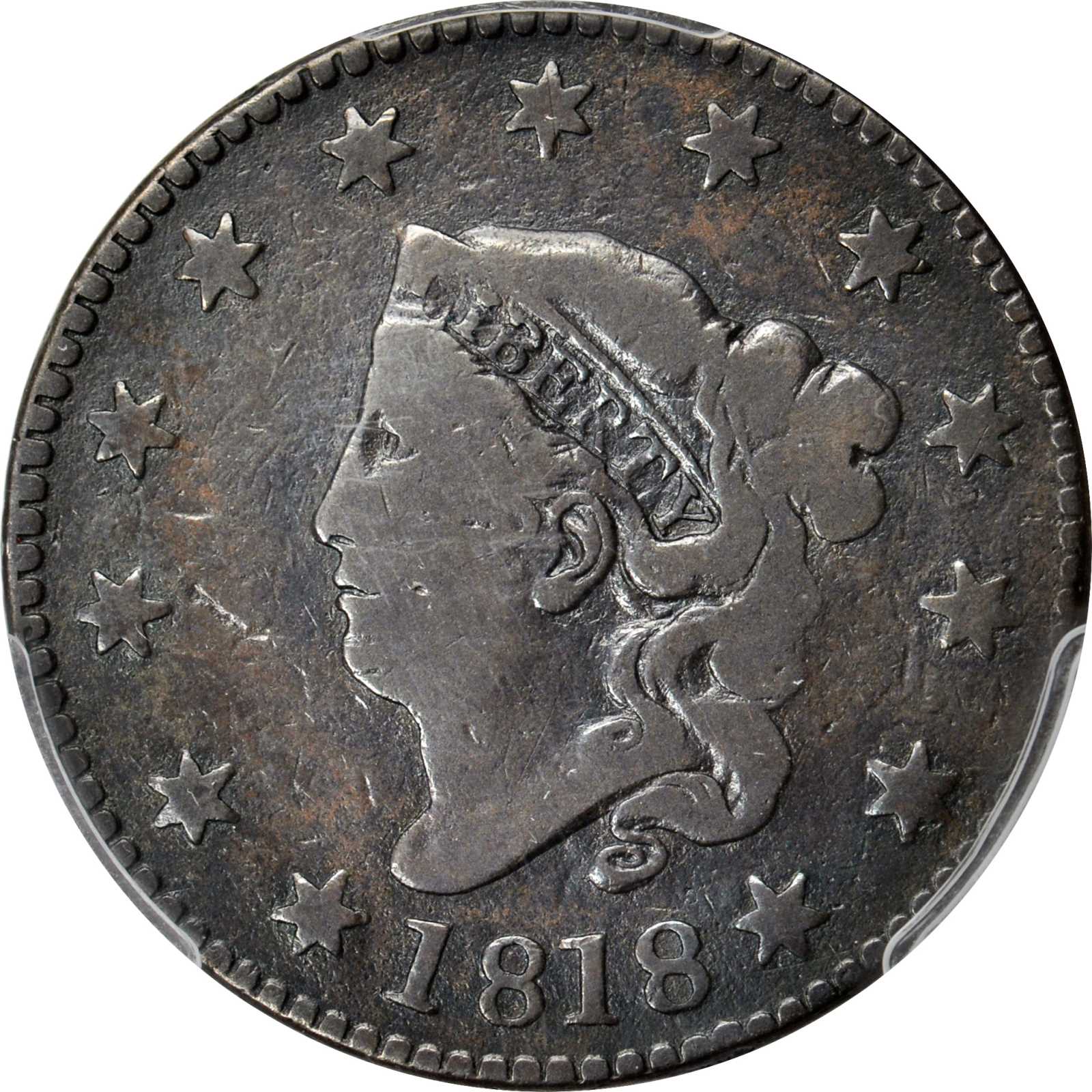 image for: 1818 Matron Head Cent. N-4. Rarity-4. Noyes Die State-B/A. Fine Details-Tooled (PCGS).