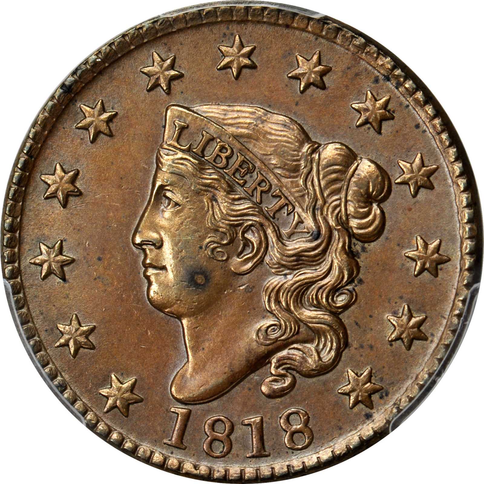 image for: 1818 Matron Head Cent. N-6. Double Profile. Rarity-1. Noyes Die State-B/C. AU-55 (PCGS).