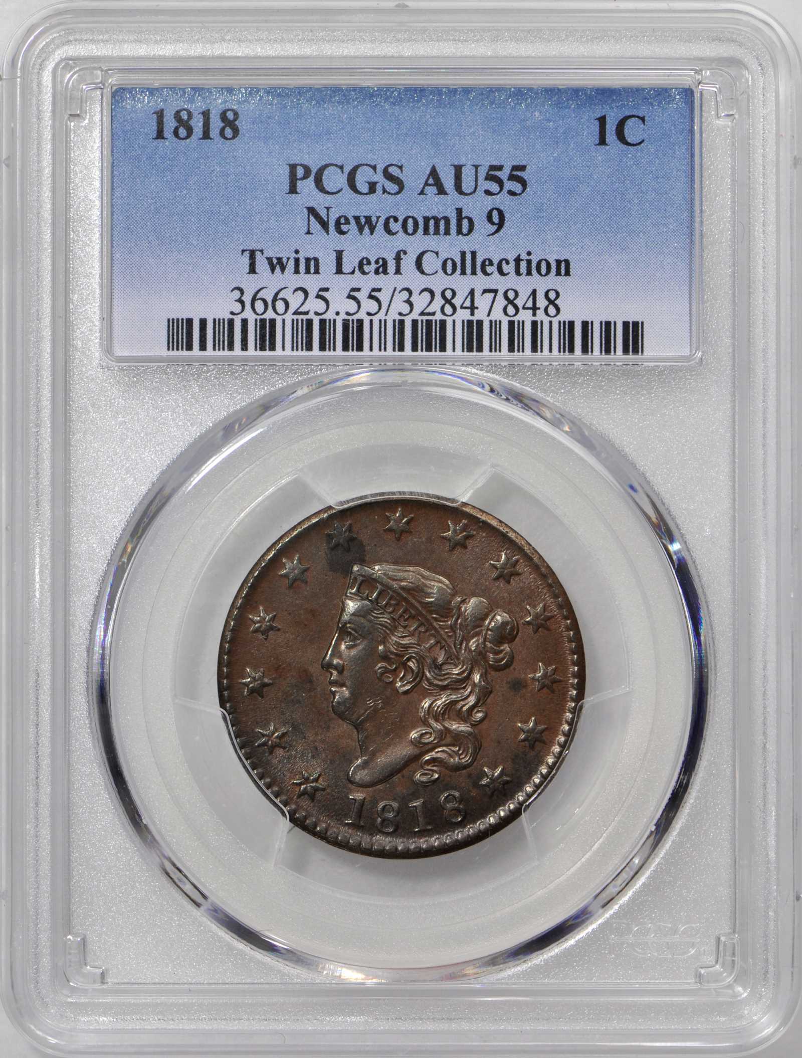 image for: 1818 Matron Head Cent. N-9. Double Profile. Rarity-3. Noyes Die State-B/B. AU-55 (PCGS).