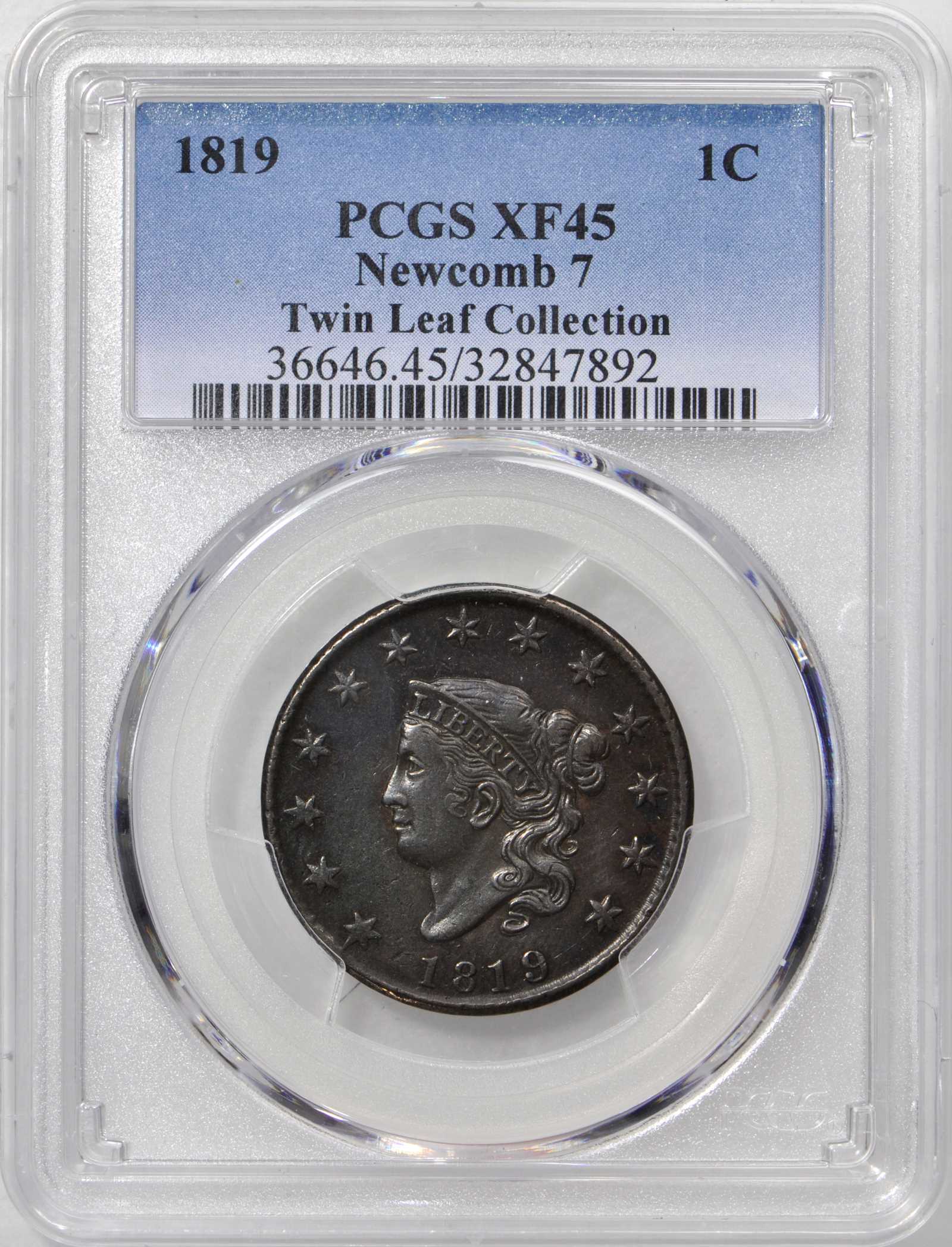 image for: 1819 Matron Head Cent. N-7. Small Date. Rarity-4. Noyes Die State-B/B. EF-45 (PCGS).