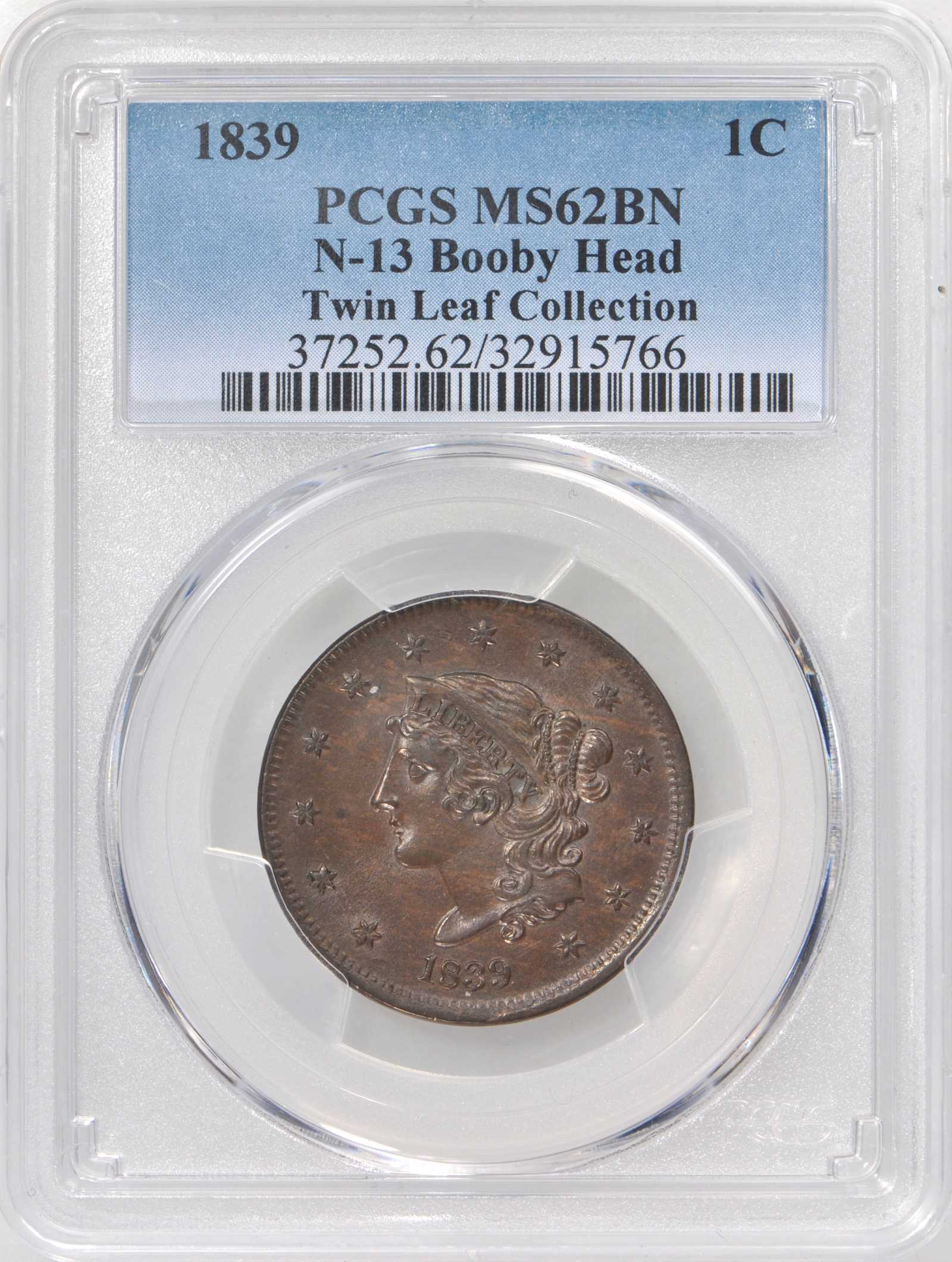 image for: 1839 Modified Matron Head Cent. N-13. Booby Head. Rarity-2. Noyes Die State-A/B. MS-62BN (PCGS).