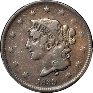 image for: 1839 Modified Matron Head Cent. N-15. Booby Head. Rarity-6-. Noyes Die State-A/D. VF-20 (PCGS).