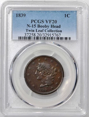 image for: 1839 Modified Matron Head Cent. N-15. Booby Head. Rarity-6-. Noyes Die State-A/D. VF-20 (PCGS).