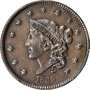 image for: 1835 Matron Head Cent. N-7, 17. Head of 1836. Rarity-1. Noyes Die State-B/B, early. AU-55 (PCGS).