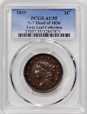 image for: 1835 Matron Head Cent. N-7, 17. Head of 1836. Rarity-1. Noyes Die State-B/B, early. AU-55 (PCGS).