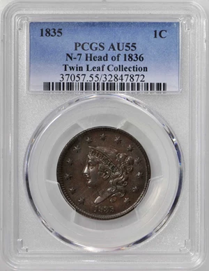 image for: 1835 Matron Head Cent. N-7, 17. Head of 1836. Rarity-1. Noyes Die State-B/B, late. AU-55 (PCGS).