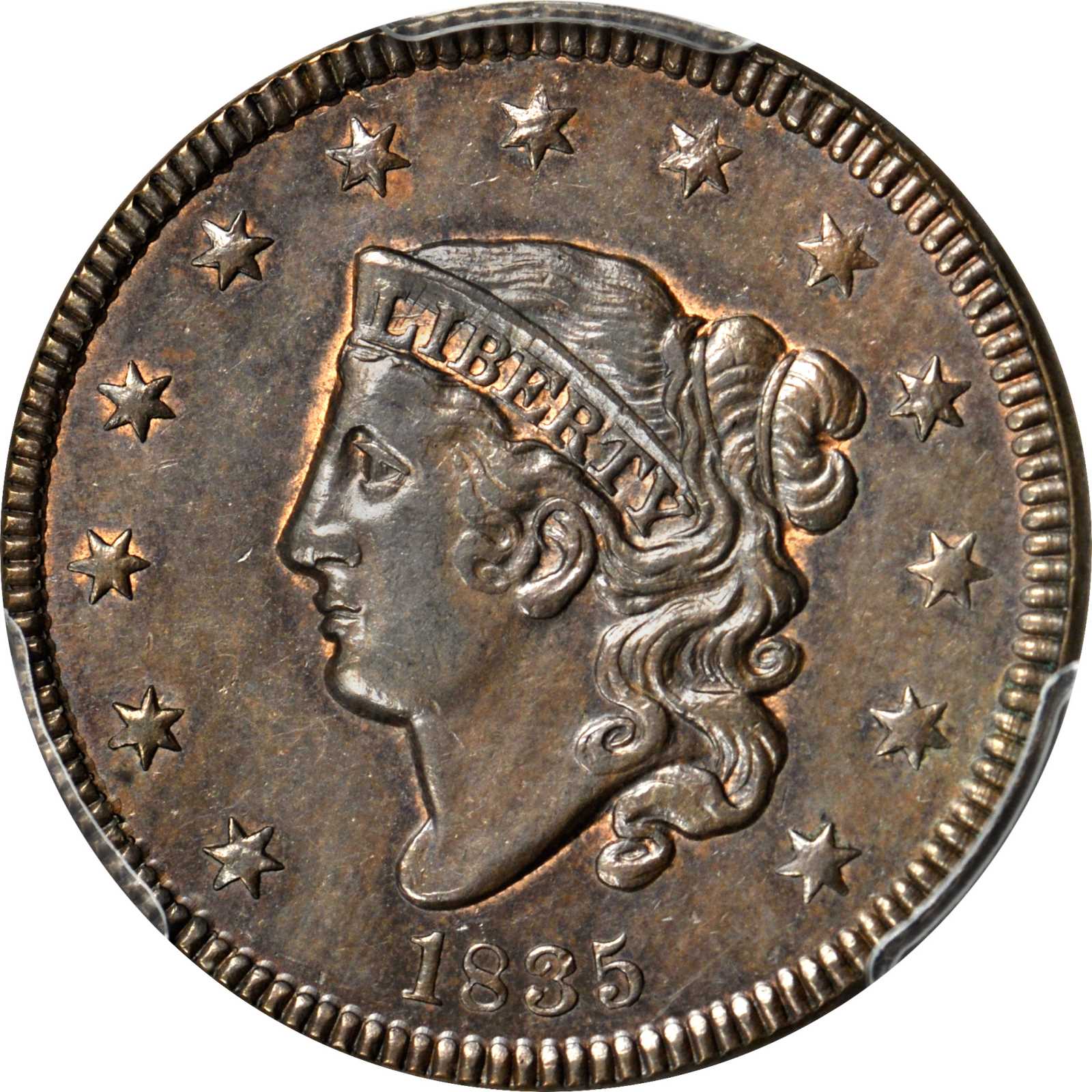 image for: 1835 Matron Head Cent. N-11. Small 8, Small Stars. Rarity-4+. Noyes Die State-B/B. MS-62BN (PCGS).