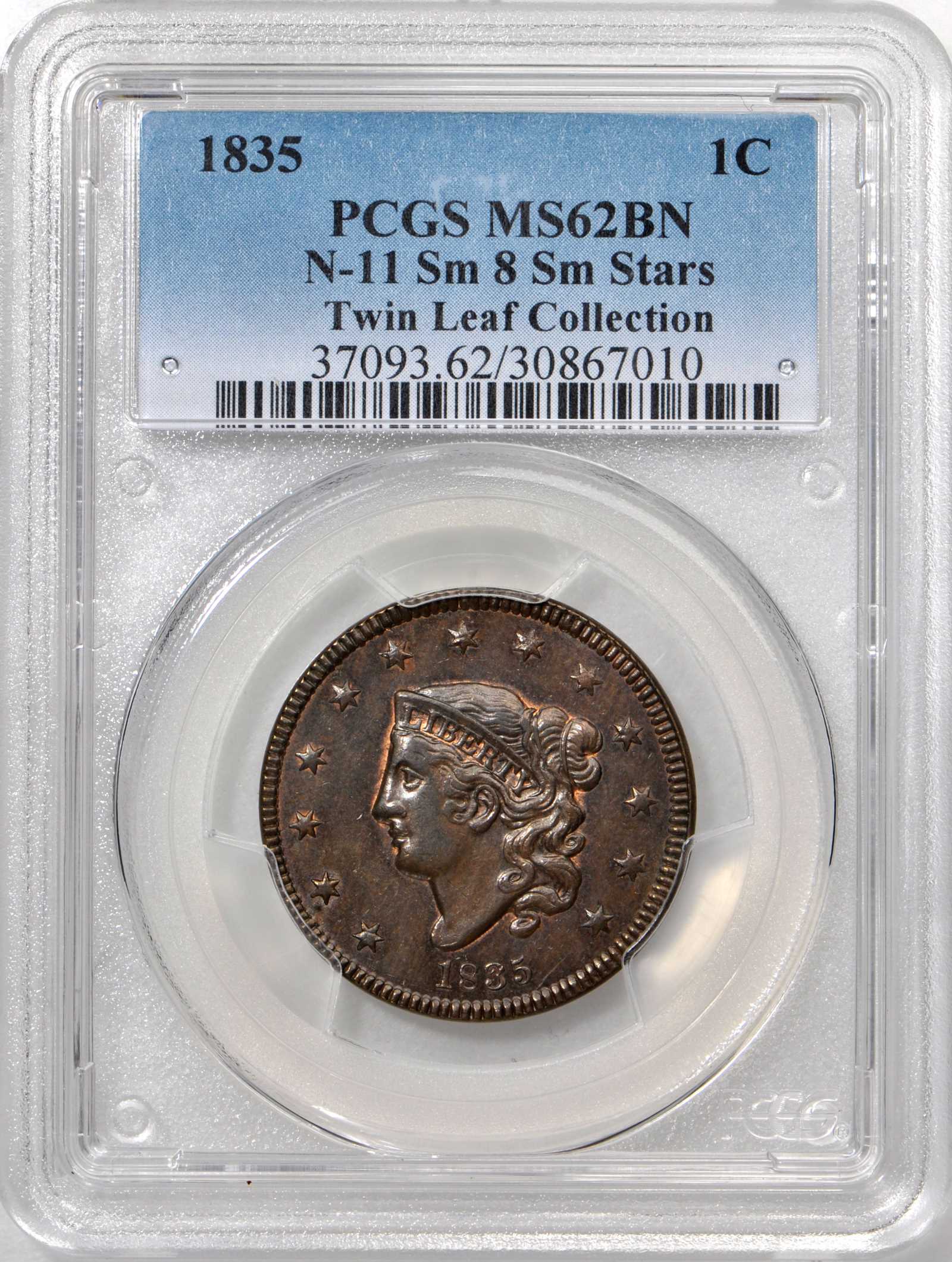 image for: 1835 Matron Head Cent. N-11. Small 8, Small Stars. Rarity-4+. Noyes Die State-B/B. MS-62BN (PCGS).