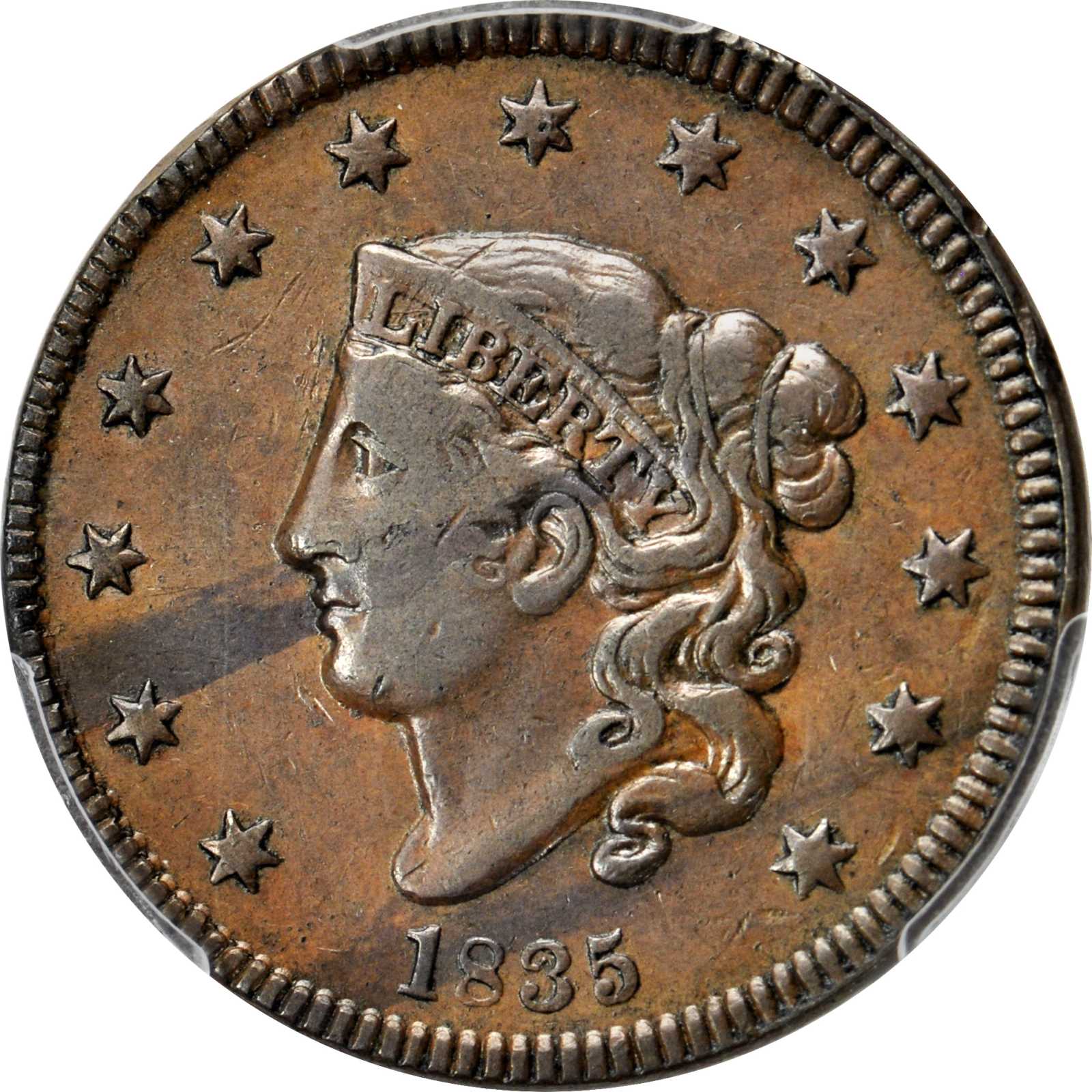image for: 1835 Matron Head Cent. N-11. Small 8, Small Stars. Rarity-4+. Noyes Die State-B/C. EF-40 (PCGS).
