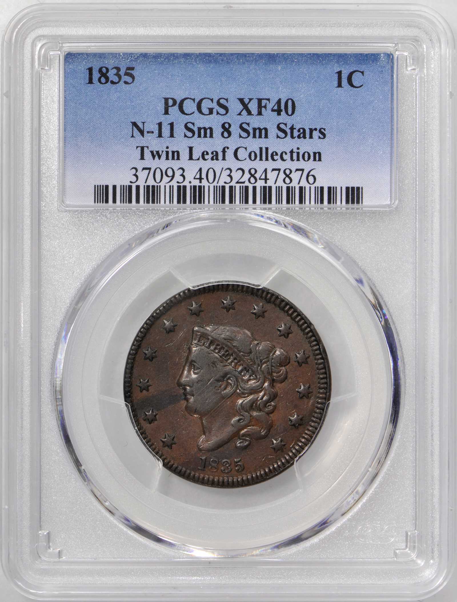 image for: 1835 Matron Head Cent. N-11. Small 8, Small Stars. Rarity-4+. Noyes Die State-B/C. EF-40 (PCGS).