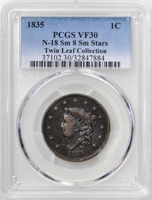 image for: 1835 Matron Head Cent. N-18. Small 8, Small Stars. Double Profile. Rarity-4+. Noyes Die State-C/A. VF-30 (PCGS).