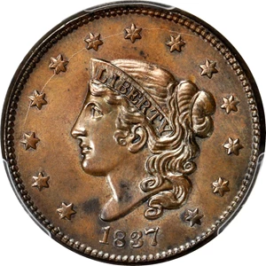 image for: 1837 Modified Matron Head Cent. N-4. Plain Hair Cords, Medium Letters. Rarity-2. Noyes Die State-C/C. Uncirculated Details—Cleaning (PCGS).