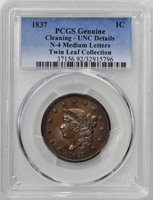 image for: 1837 Modified Matron Head Cent. N-4. Plain Hair Cords, Medium Letters. Rarity-2. Noyes Die State-C/C. Uncirculated Details—Cleaning (PCGS).
