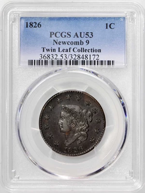 image for: 1826 Matron Head Cent. N-9. Rarity-3. Noyes Die State-A/A. AU-53 (PCGS).
