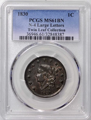 image for: 1830 Matron Head Cent. N-4. Large Letters. Rarity-2. Noyes Die State-D/C. MS-61BN (PCGS).