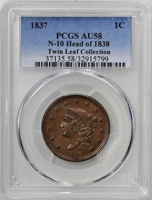 image for: 1837 Modified Matron Head Cent. N-10. Head of 1838. Rarity-1. Noyes Die State-C/B. AU-58 (PCGS).