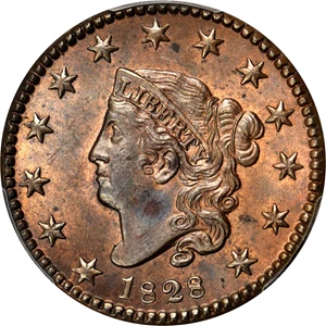 image for: 1828 Matron Head Cent. N-10. Small Wide Date. Rarity-1. Noyes Die State-A/A. MS-62RB (PCGS).