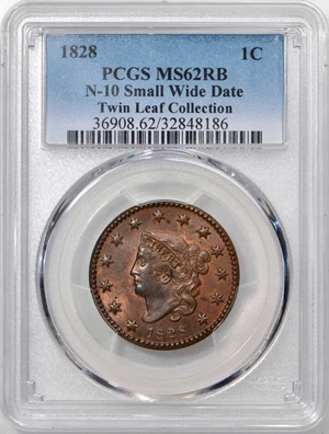 image for: 1828 Matron Head Cent. N-10. Small Wide Date. Rarity-1. Noyes Die State-A/A. MS-62RB (PCGS).