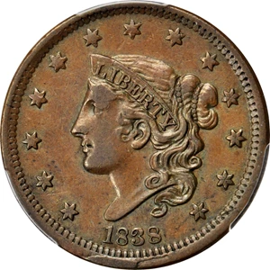 image for: 1838 Modified Matron Head Cent. N-9. Rarity-3. Noyes Die State-B/B. AU-53 (PCGS).