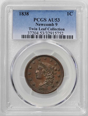 image for: 1838 Modified Matron Head Cent. N-9. Rarity-3. Noyes Die State-B/B. AU-53 (PCGS).