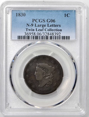 image for: 1830 Matron Head Cent. N-9. Large Letters. Rarity-6. Noyes Die State-C/A. Good-6 (PCGS).