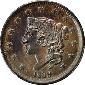image for: 1839 Modified Matron Head Cent. N-2. Head of 1838. Rarity-2. Noyes Die State-C/C. MS-62BN (PCGS).