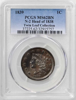 image for: 1839 Modified Matron Head Cent. N-2. Head of 1838. Rarity-2. Noyes Die State-C/C. MS-62BN (PCGS).
