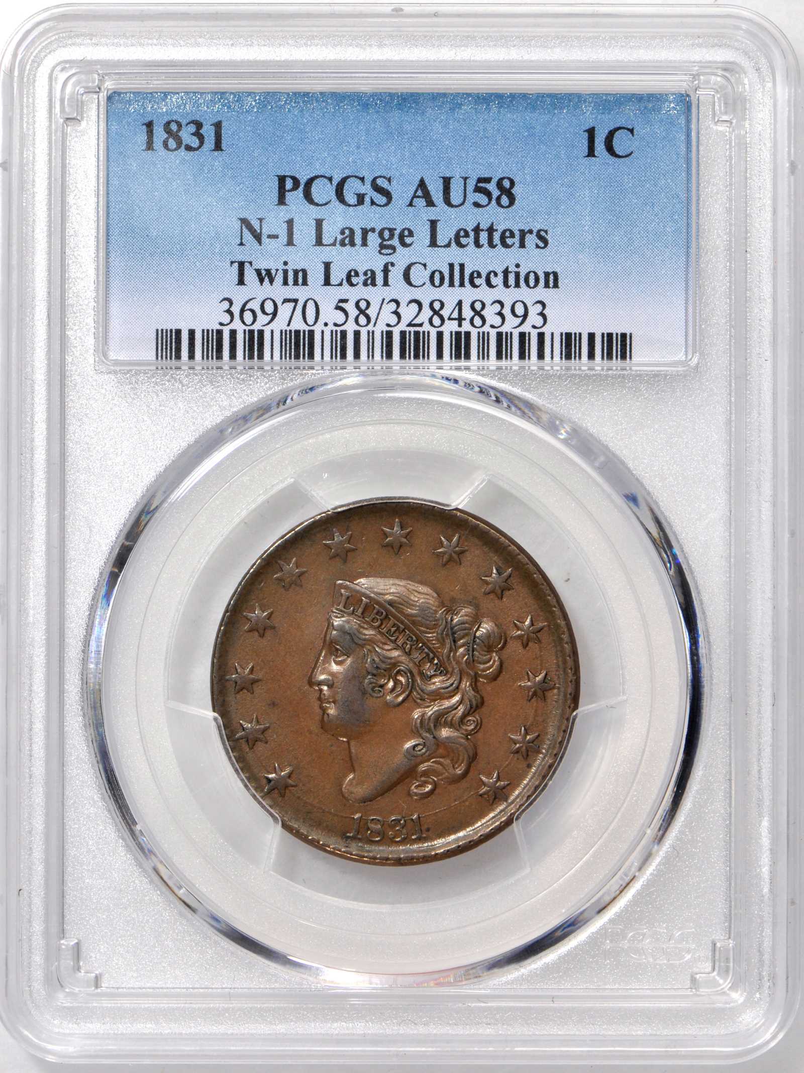 image for: 1831 Matron Head Cent. N-1. Large Letters. Double Profile. Rarity-1. Noyes Die State-C/B. AU-58 (PCGS).