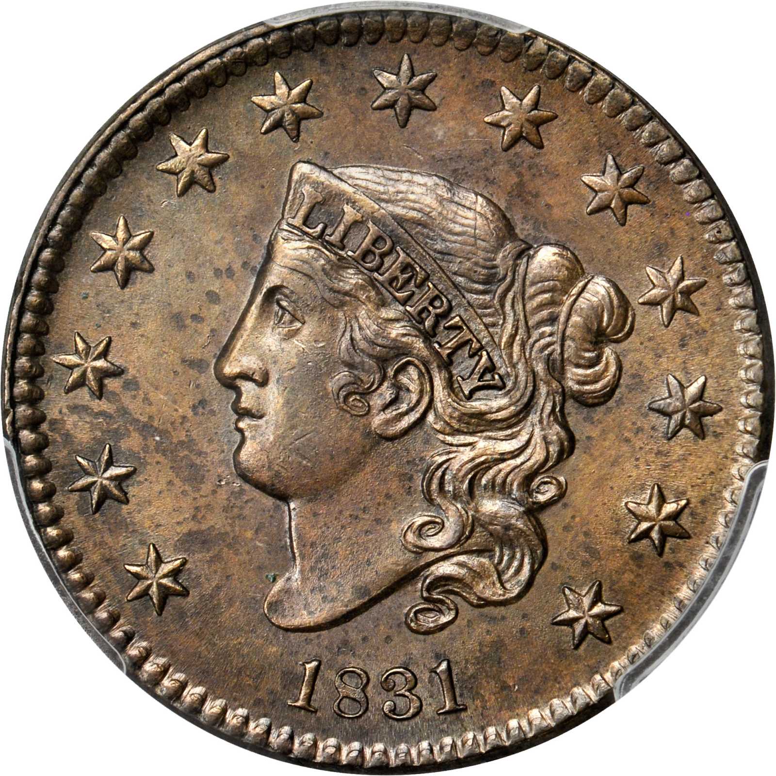 image for: 1831 Matron Head Cent. N-7. Large Letters. Rarity-1. Noyes Die State-C/A. MS-62BN (PCGS).