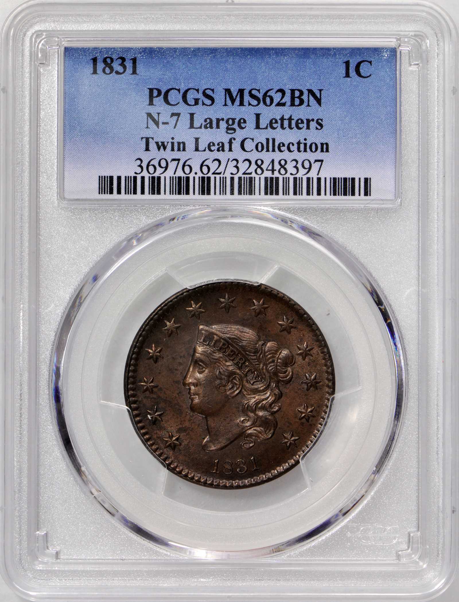 image for: 1831 Matron Head Cent. N-7. Large Letters. Rarity-1. Noyes Die State-C/A. MS-62BN (PCGS).