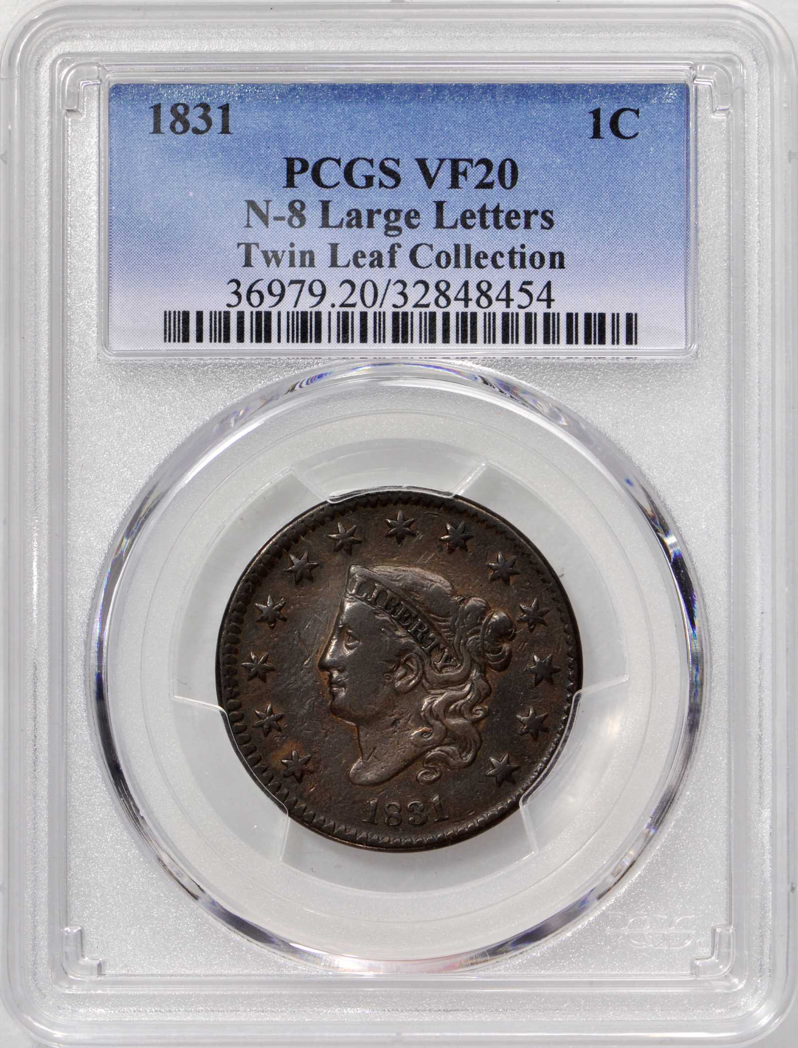 image for: 1831 Matron Head Cent. N-8. Large Letters. Rarity-3. Noyes Die State-C/E. VF-20 (PCGS).