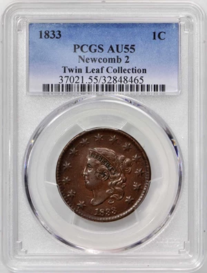 image for: 1833 Matron Head Cent. N-2. Double Profile. Rarity-1. Noyes Die State-C/D. AU-55 (PCGS).