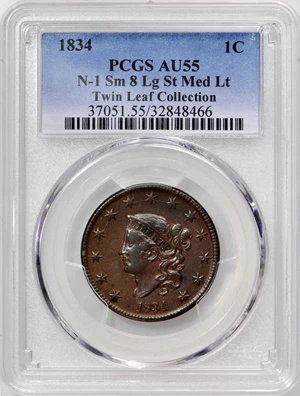 image for: 1834 Matron Head Cent. N-1. Small 8, Large Stars, Medium Letters. Double Profile. Rarity-1. Noyes Die State-B/B. AU-55 (PCGS).