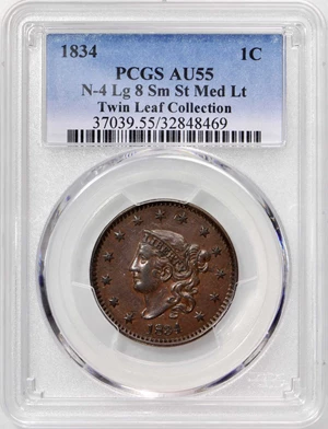 image for: 1834 Matron Head Cent. N-4. Large 8, Small Stars, Medium Letters. Rarity-2. Noyes Die State-B/C. AU-55 (PCGS).