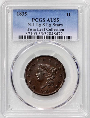 image for: 1835 Matron Head Cent. N-1. Large 8, Large Stars. Double Profile. Rarity-1. Noyes Die State-C/D. AU-55 (PCGS).