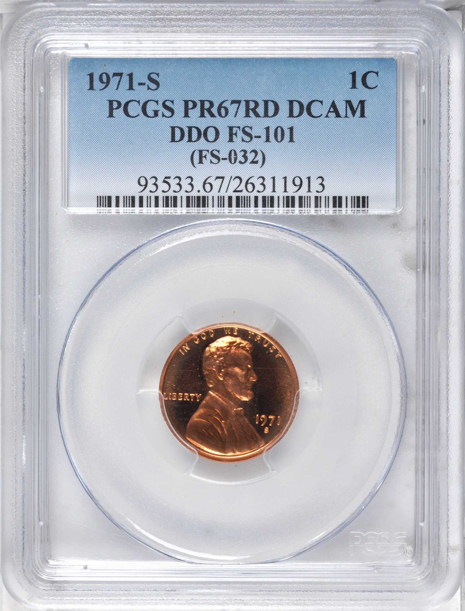image for: 1971-S Lincoln Cent. FS-101. Doubled Die Obverse. Proof-67 RD Deep Cameo (PCGS).