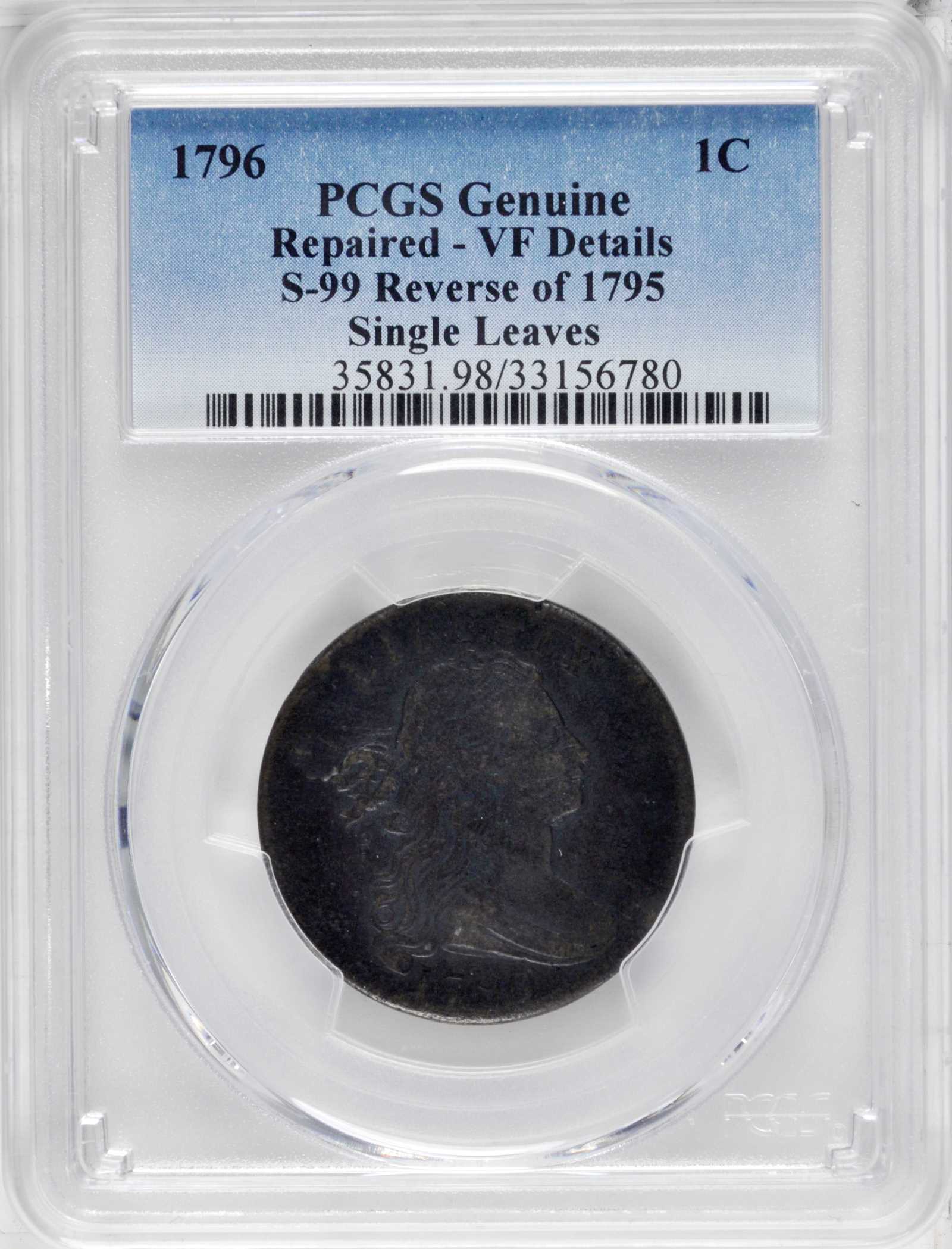 image for: 1796 Draped Bust Cent. S-99. Rarity-5+. Reverse of 1795. VF Details--Repaired (PCGS).