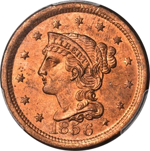 image for: 1856 Braided Hair Cent. N-10. Rarity-1. Upright 5. MS-64 RD (PCGS).
