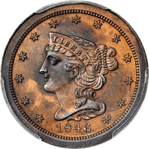 image for: 1846 Braided Hair Half Cent. Second Restrike. B-3. Rarity-6. Small Berries. Proof-62 BN (PCGS).
