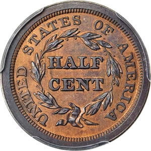 image for: 1846 Braided Hair Half Cent. Second Restrike. B-3. Rarity-6. Small Berries. Proof-62 BN (PCGS).