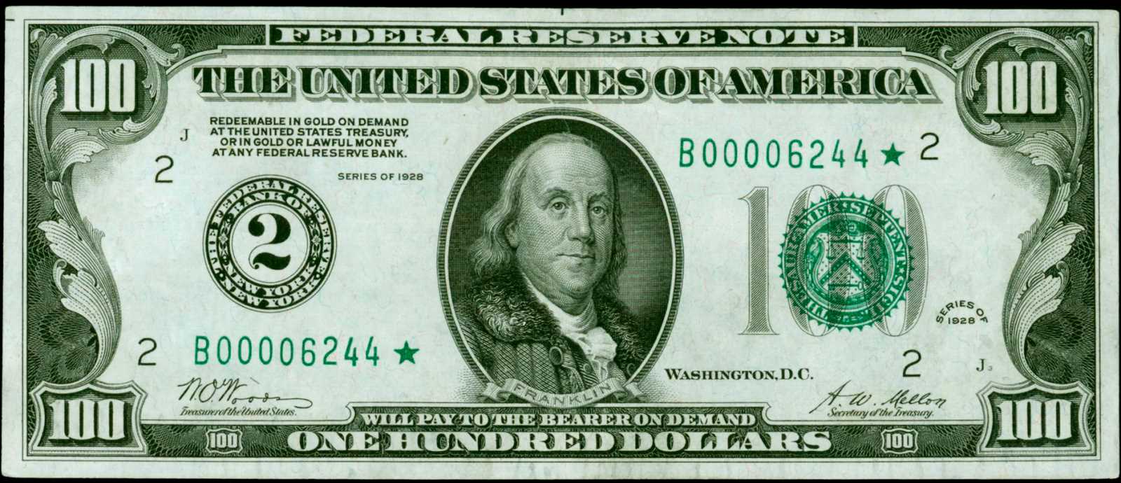 image for: Fr. 2150-B*. 1928 $100 Federal Reserve Star Note. New York. PCGS About New 53.
